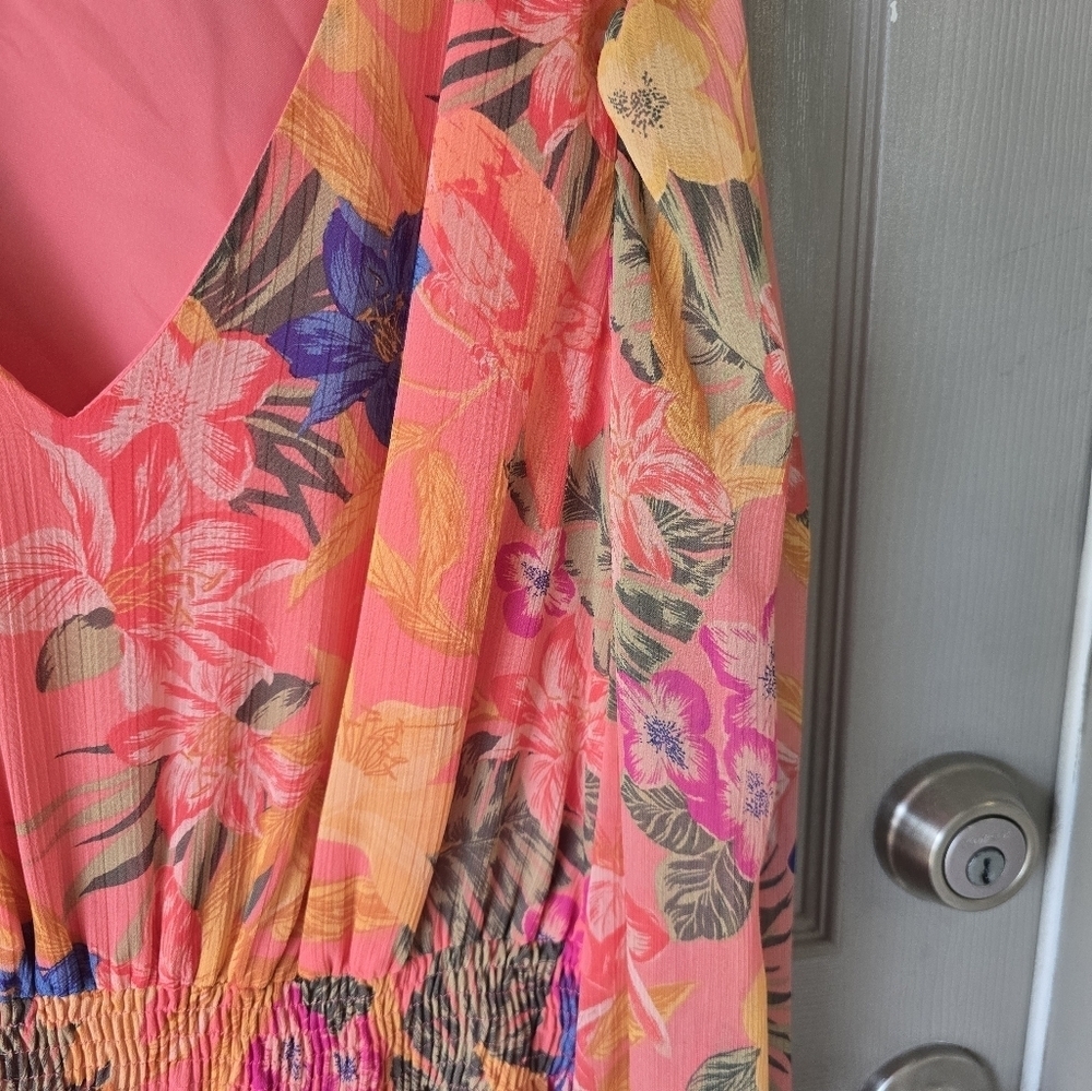 Anne Klein Floral Dress Sz 14 Women Long Sleeve Tiered Smocked Waist Fit Flare - Picture 9 of 15